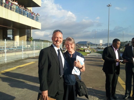 Lew Stabler and Sue Lessiack Stabler at Miraflores locks just after a ceremony recognizing Lew's 40 years of service to the Panama Canal.